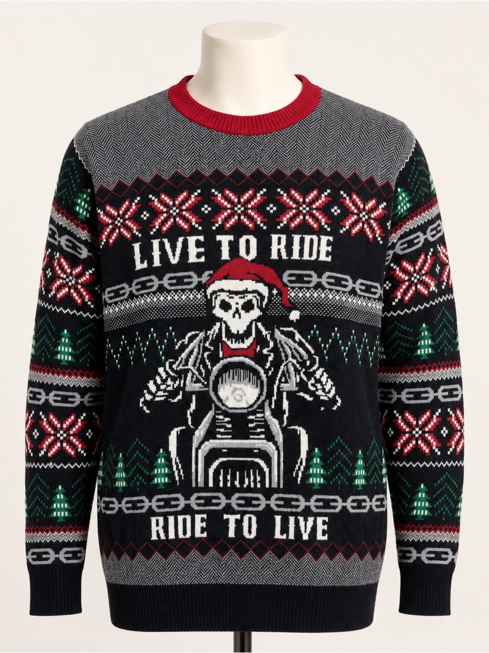 Ugly Christmas Sweater Skeleton Motorcycle Biker Men’s Large